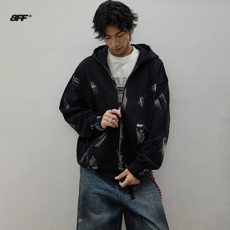8FF 泥染水洗做旧开衫连帽卫衣 DIRTYFIT刷浆刺绣连帽外套