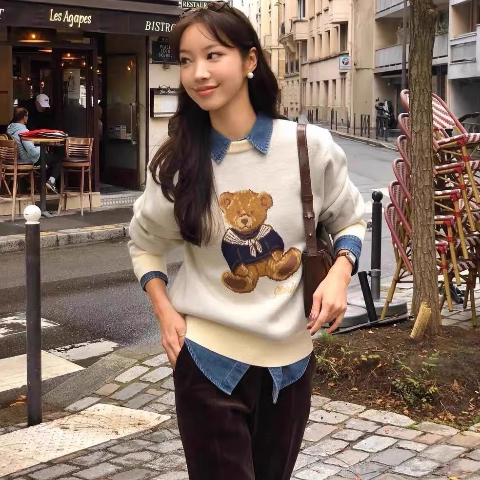 韩国代购marithe24新款车静媛同款小熊圆领毛衣长袖百搭针织衫#