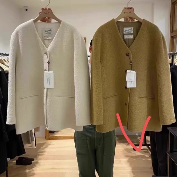 韩国东大门2024冬季february简约V领短款手工大衣外套韩系