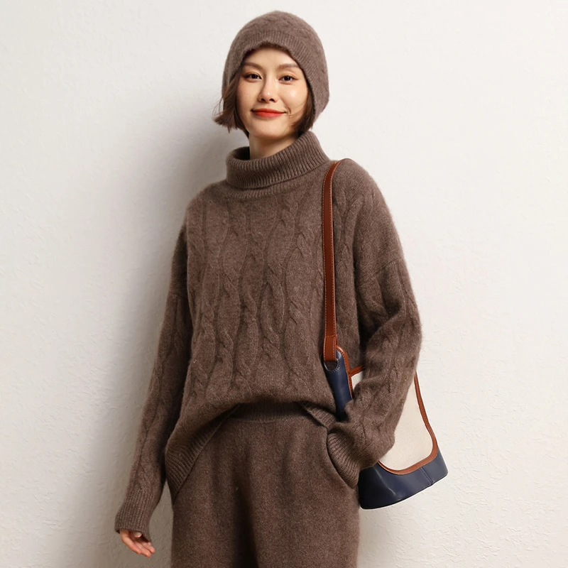 鄂尔佳™3针5股重磅麻花慵懒风弧形设计纯山羊绒羊毛高领衫针织