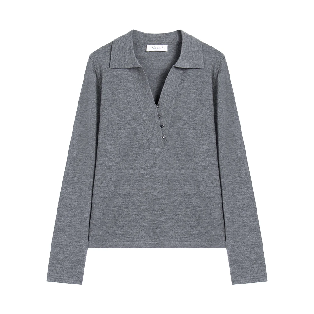 女士休闲百搭衬衫领V领纯色气质长袖套衫毛衣/W6157