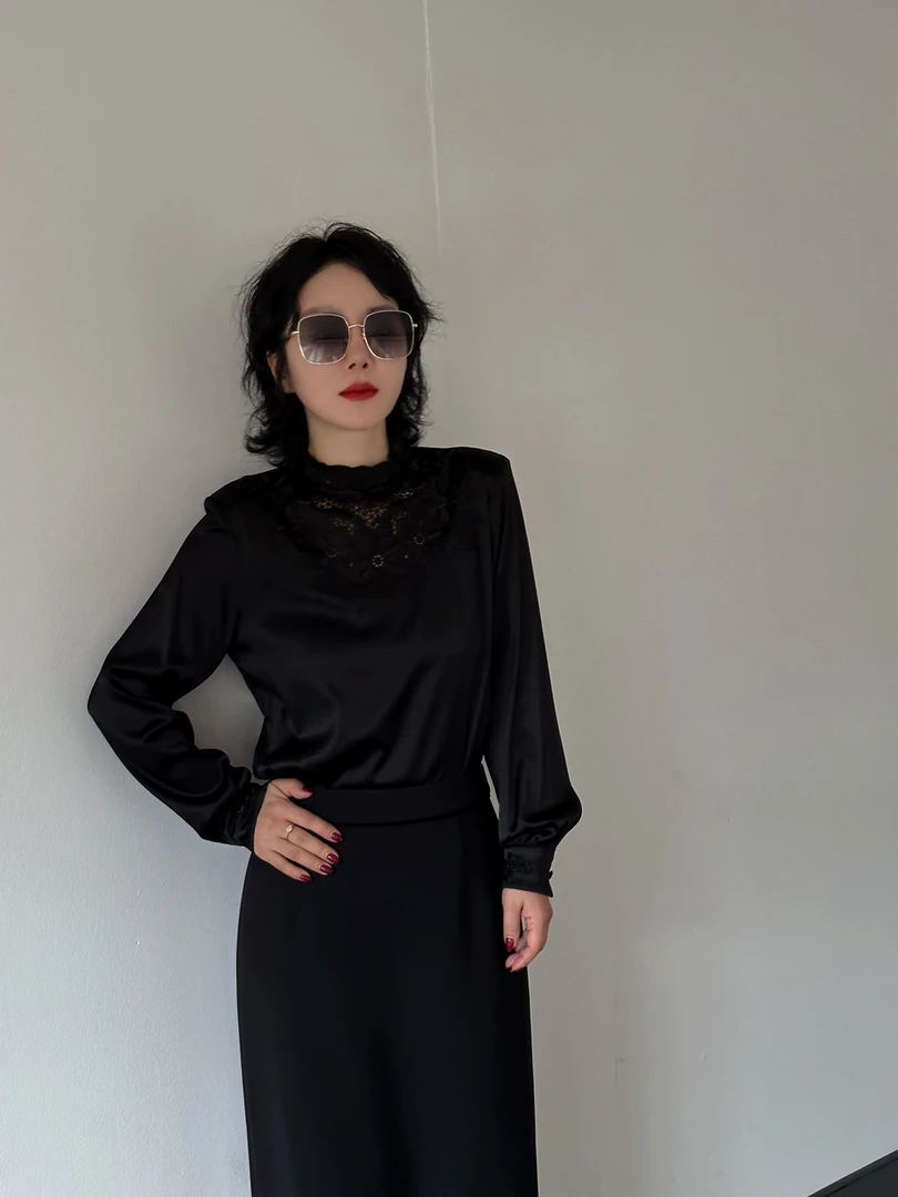 “格桑花”蕾丝气质长袖纯色立领拼接休闲时尚百搭衬衫/H9037