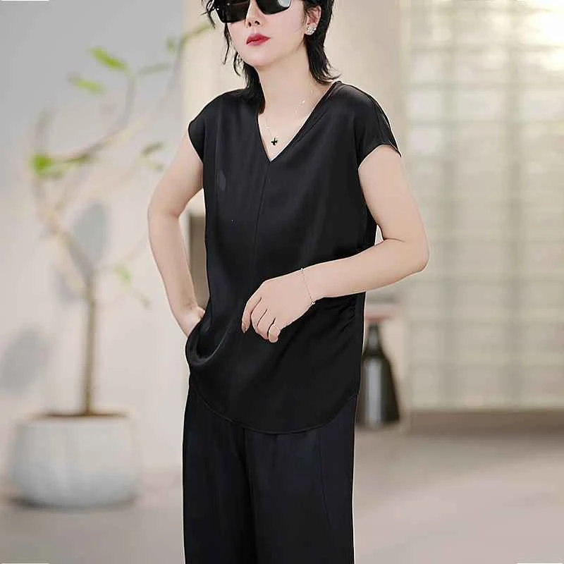 “双飞燕”显瘦气质洋气休闲夏季外穿纯色时尚百搭V领衬衫/1276