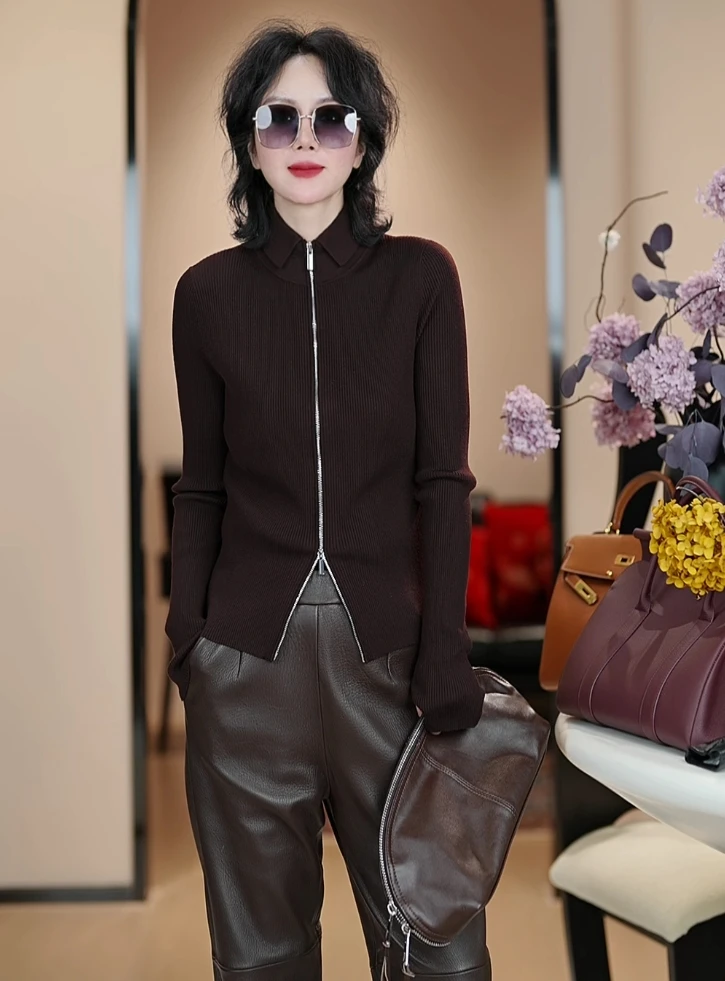 时尚百搭休闲羊毛螺纹翻领拉链毛衣开衫/7155