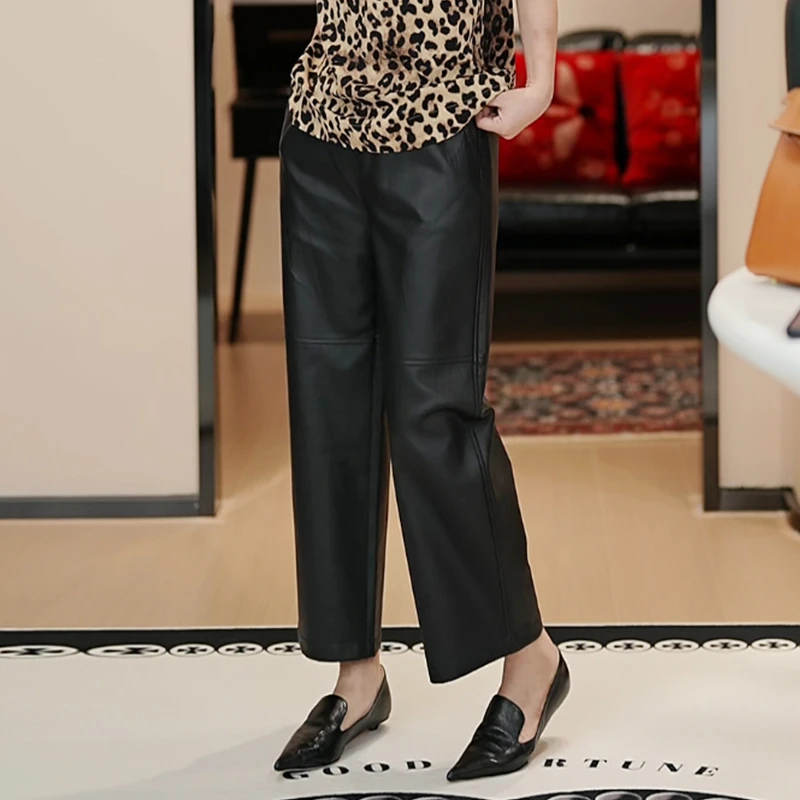 “温情蜜意”秋冬时尚百搭休闲真皮弹力腰直筒阔腿休闲裤/8785