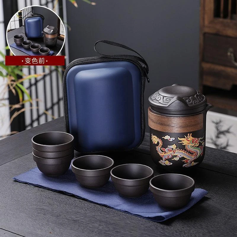 新款紫砂旅行功夫茶具套装遇热变色快客茶杯茶水分离轻奢户外泡茶
