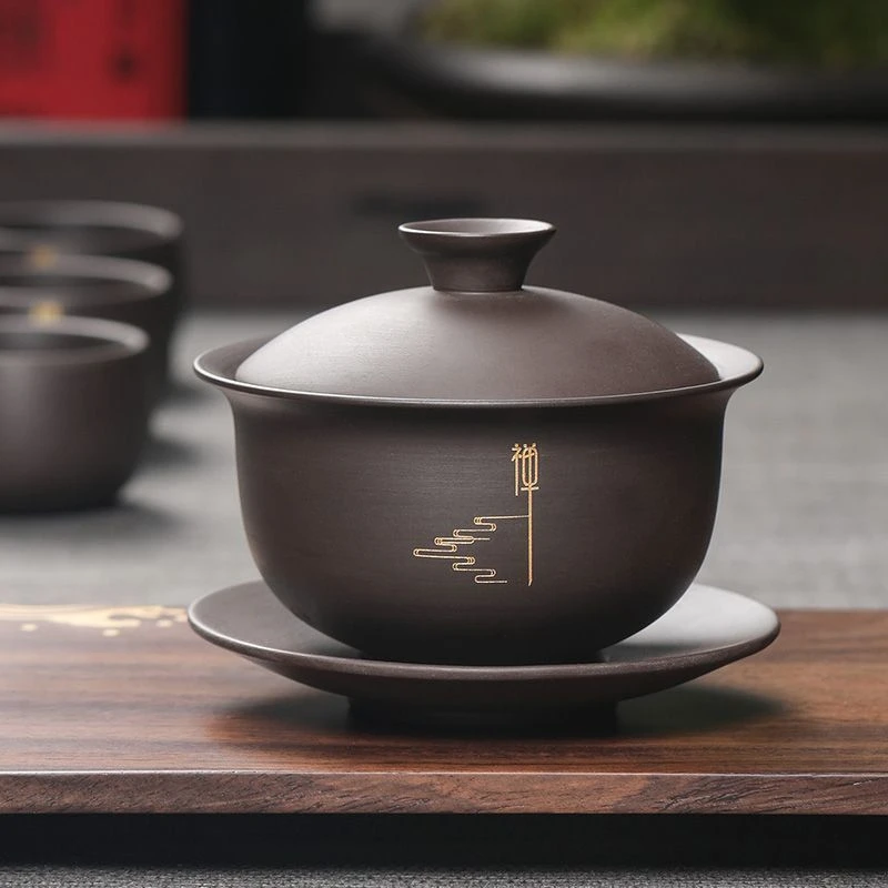 宜兴原矿紫砂盖碗大师纯手工雕金三才碗家用礼品茶碗杯养生泡茶器
