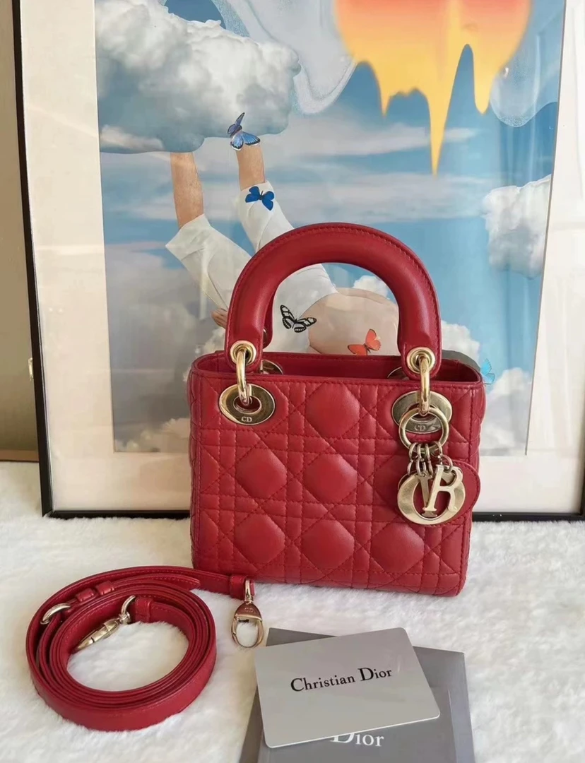 99新 Dior/迪奥 Dior红色玫瑰金三格戴妃包