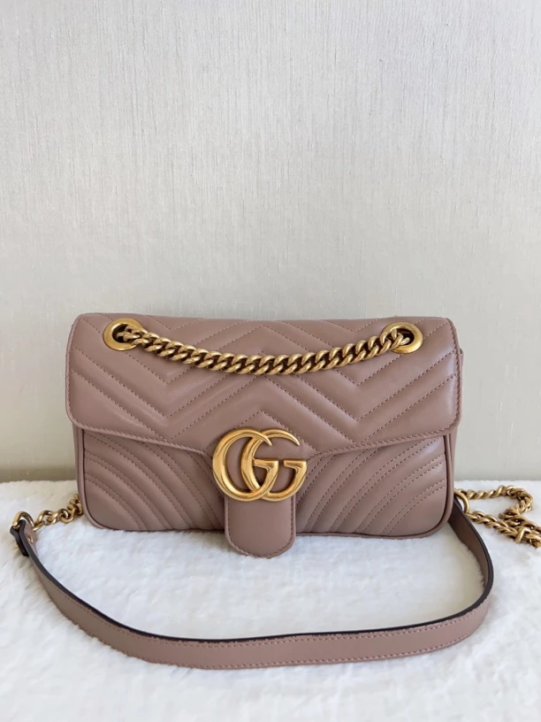 99新 GUCCI/古驰 99新Gucci古驰 Marmont26 奶茶色链条单肩斜挎包
