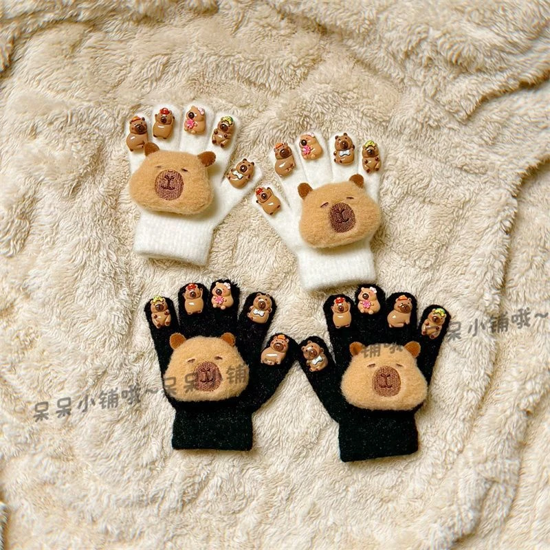 卡皮巴拉儿童手套2024冬季新款男女童五指套加绒保暖御寒分指手套