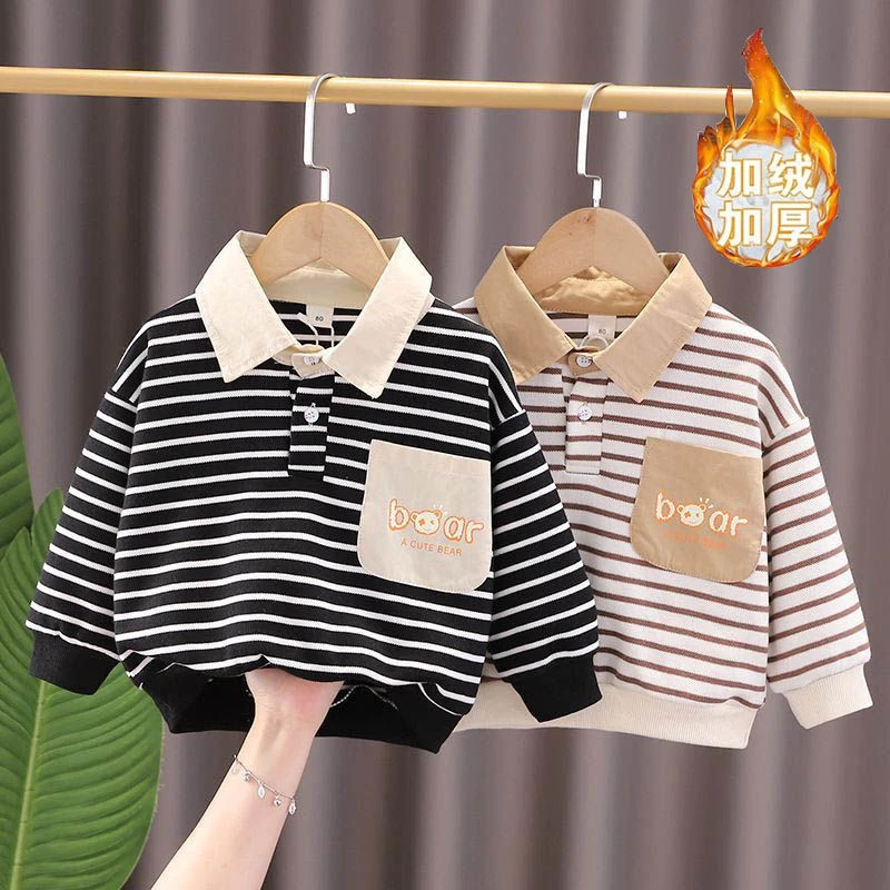 【映画】宝宝polo衫上衣洋气2023新款儿童加绒条纹长袖T恤翻领JC14