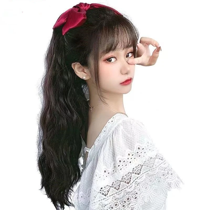 新款蝴蝶结马尾假发女长发马尾假发抓夹式水波纹卷发蓬松长卷发