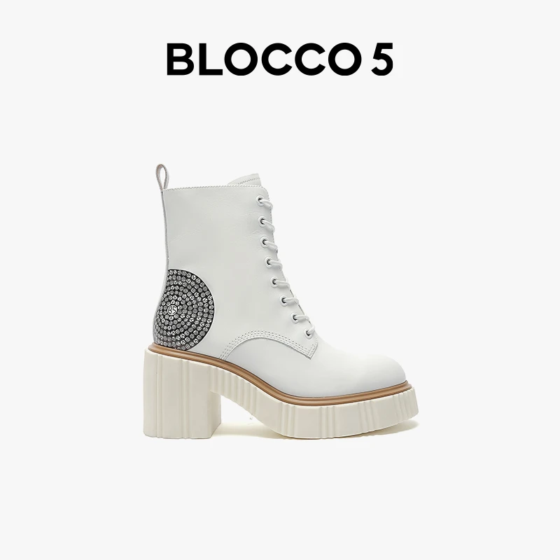 BLOCCO5白色马丁靴日系设计师联名点画系列时尚百搭高跟短靴女靴