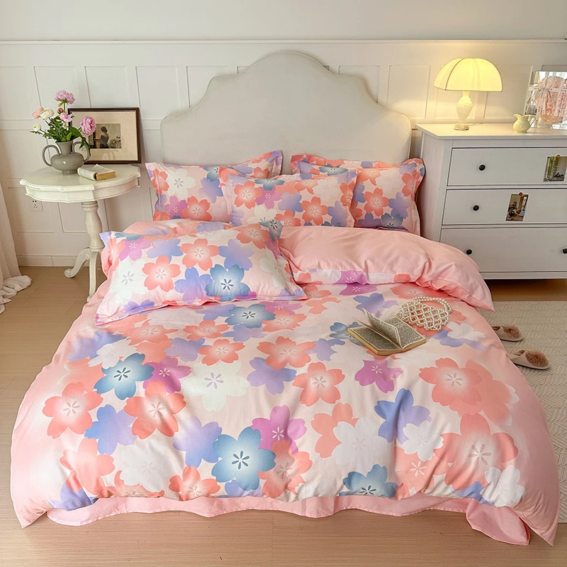 水星家纺新品上新樱花粉纯棉套件磨毛圆角床单式四件套樱花嫣语