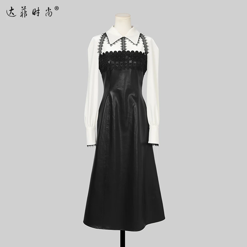 秋冬季新款女装气质丝绒拼接皮裙浪漫蕾丝A字连衣裙长裙GC34293