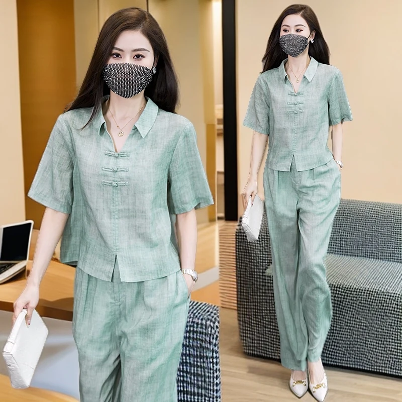 2024夏季新款复古女装中国风新中式盘扣苎麻阔腿裤女士套装两件套