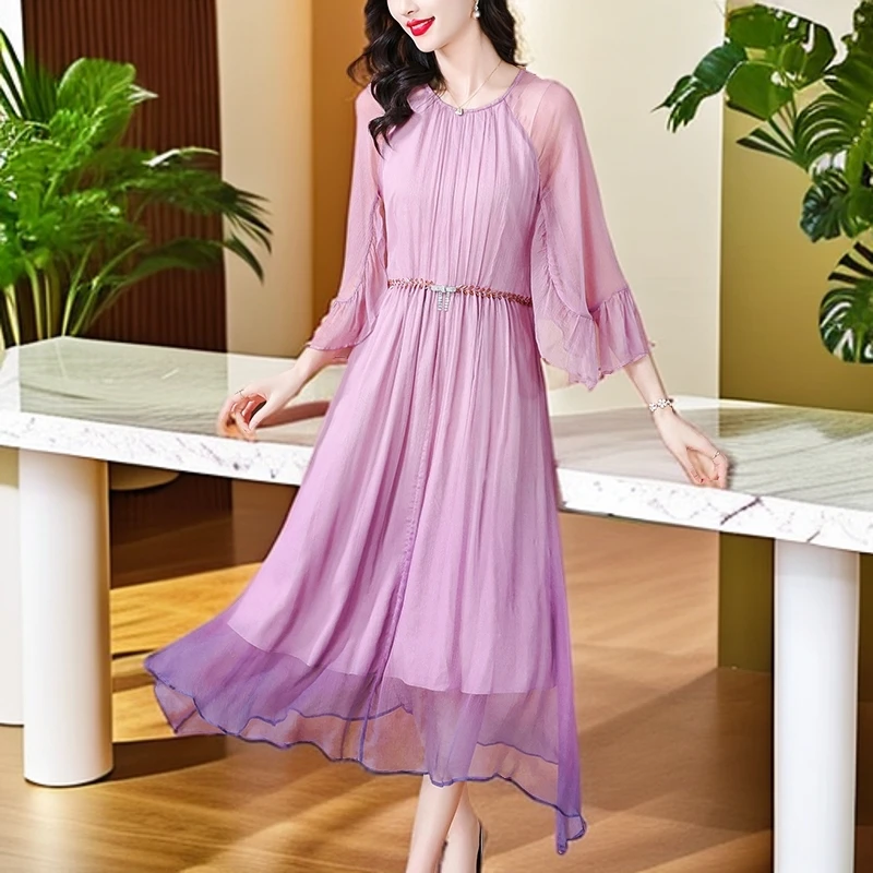 真丝连衣裙女2024春季新款高端品牌桑蚕丝气质名媛法式浪漫仙女裙