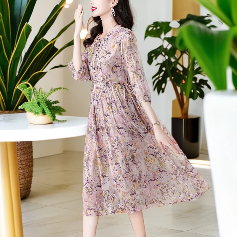 真丝连衣裙夏季2024新款奢华大牌优雅气质高级感桑蚕丝碎花裙子