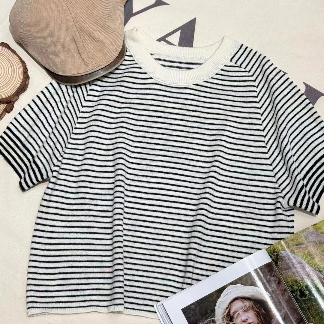【68岁小姐姐】韩系宽松百搭简约薄款条纹短袖针织T恤D24ZW 1091