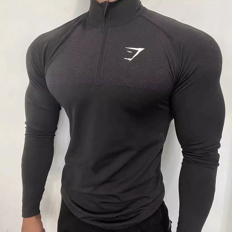 美式男士运动健身春秋骑行跑步训练上衣鲨鱼拉链紧身修身长袖T恤