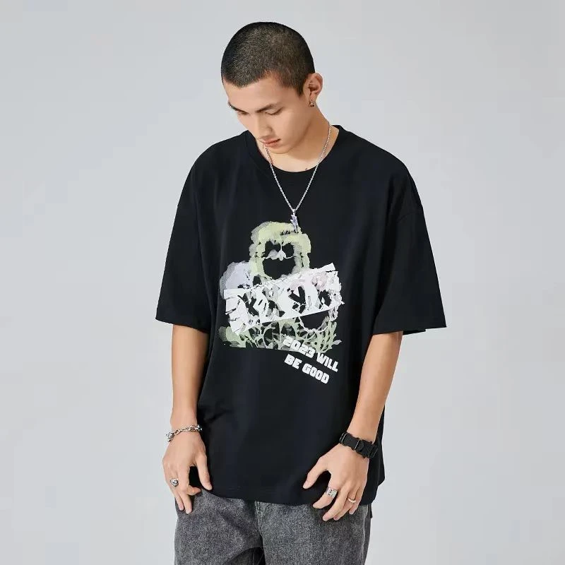 016-RXGX-正品280G重磅纯棉液氨棉丝网喷印潮流宽松休闲圆领短袖