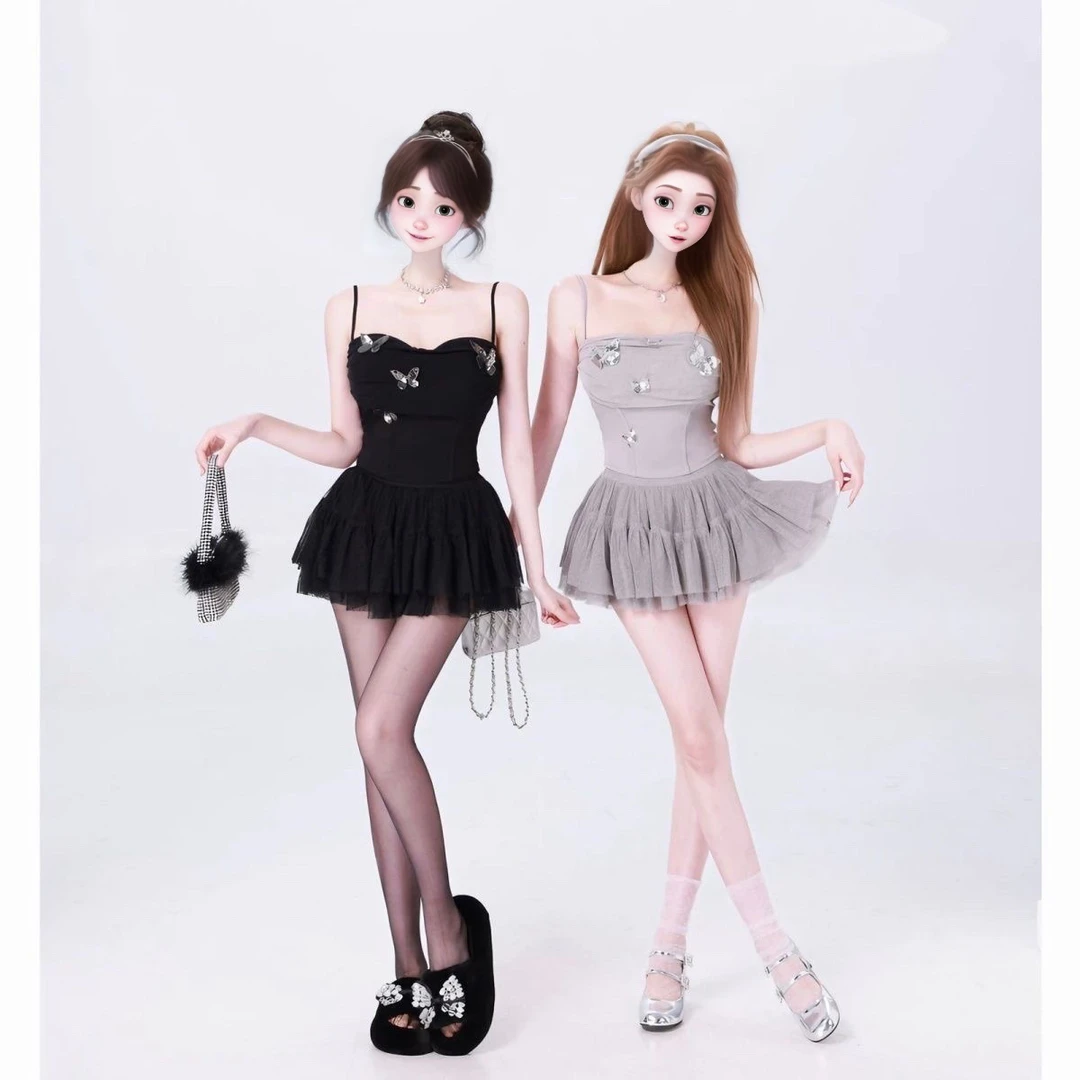 JOYKIKI金金蝴蝶千金亮片蝴蝶吊带上衣波点网纱半裙套装