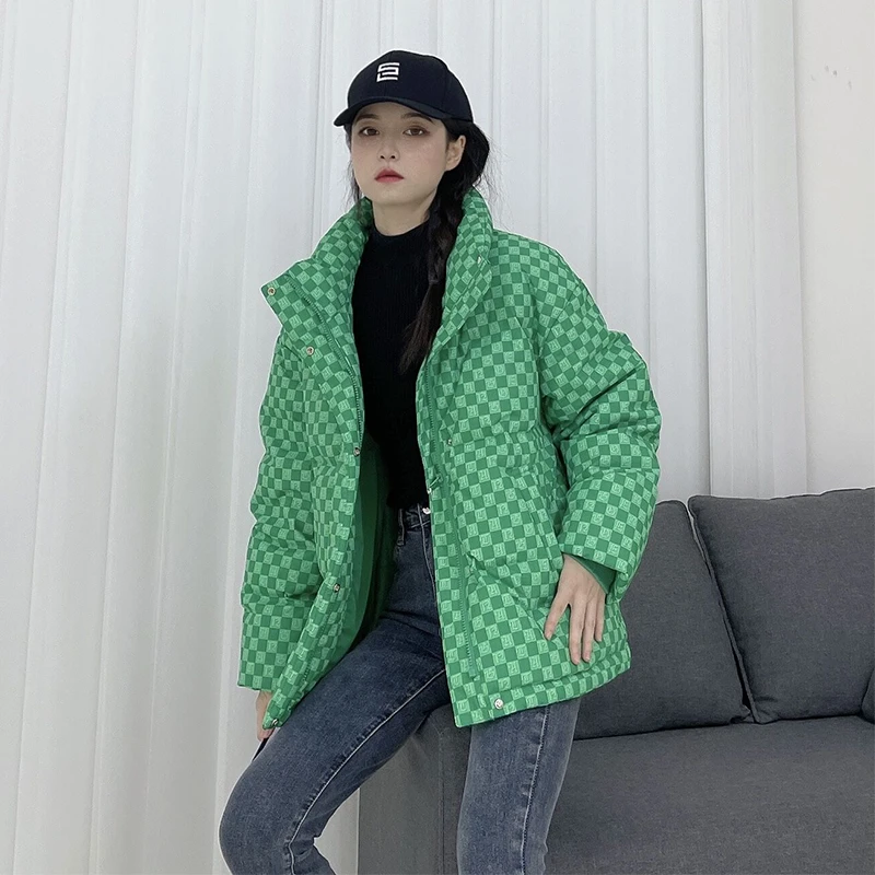 坦博尔女士宽松立领羽绒服棋盘格格子冬季百搭保暖外套潮TD336328