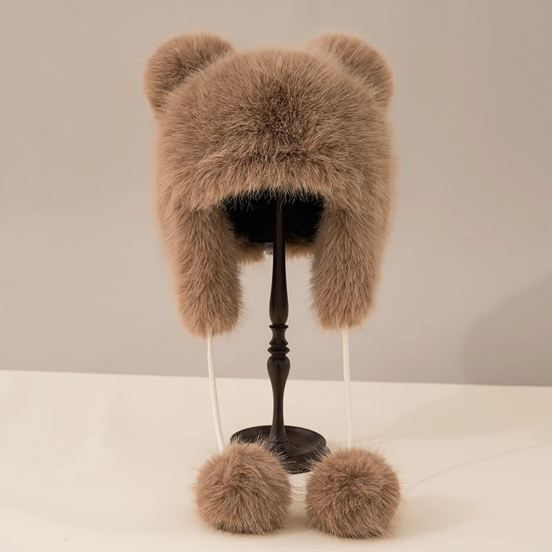 大毛熊毛茸茸护耳帽女冬季保暖可爱雷锋帽骑车防风寒帽子韩版吊球