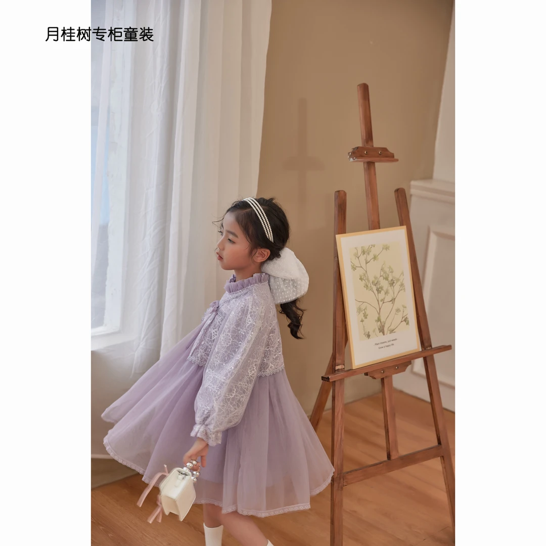 紫色星辰Citykids秋季高品质女童韩版气质假两件长袖小香风连衣裙