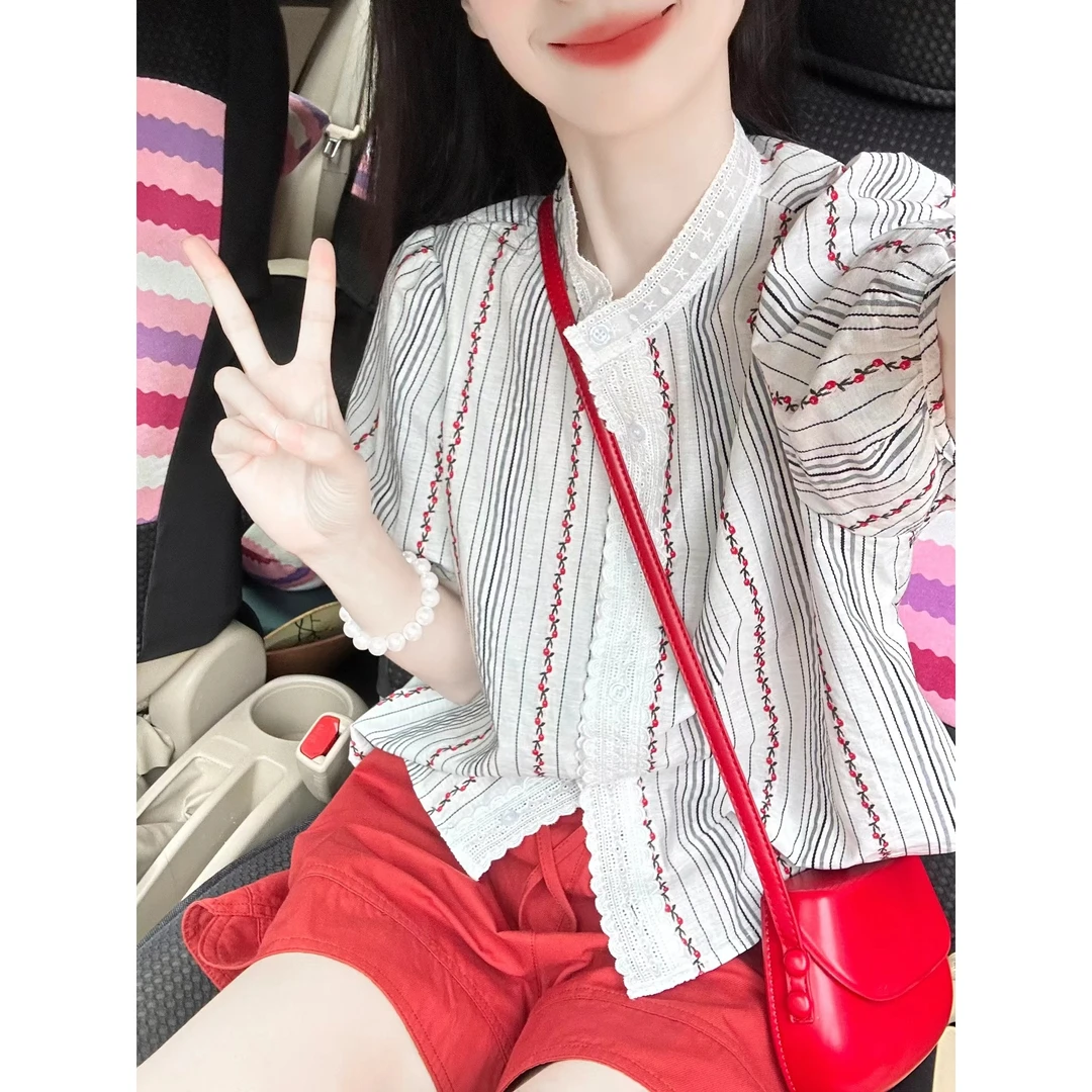 碎花拼接条纹泡泡袖衬衫女夏季甜美娃娃衫短袖上衣+短裤减龄套装