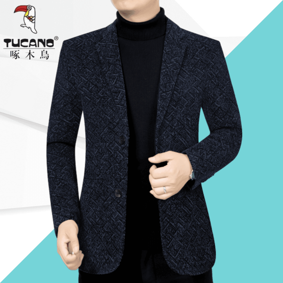 啄木鸟高档加绒加厚西装外套中年男士商务休闲西服上衣爸爸装外套