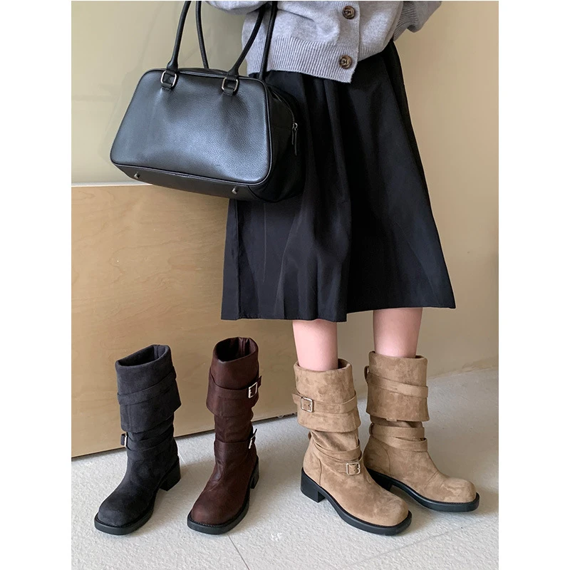 高D版~两穿西部牛仔靴女秋季粗根长靴显瘦堆堆骑士靴美拉德靴