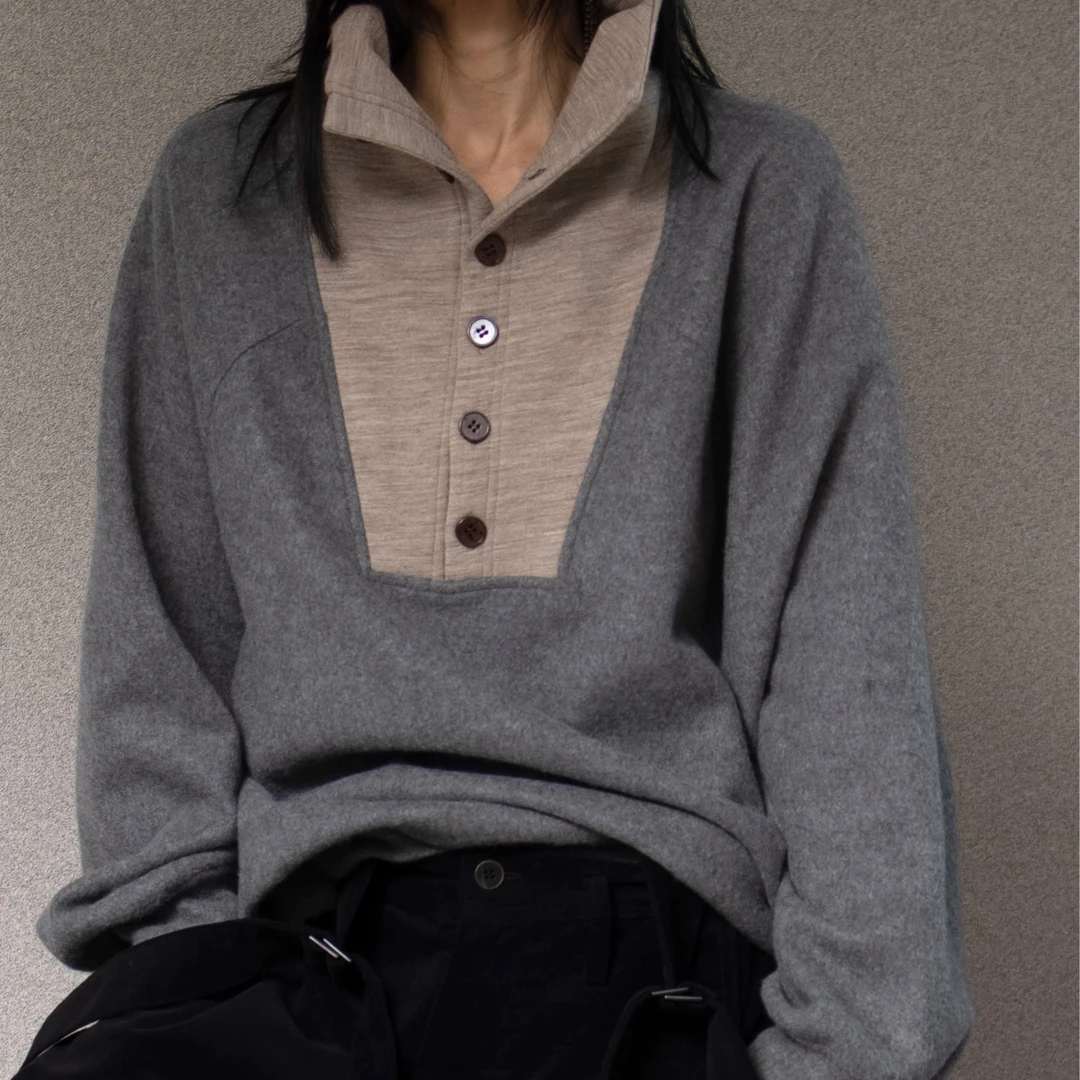 小众原创设计冬装新款廓形套头长袖百搭休闲纯色保暖羊毛卫衣