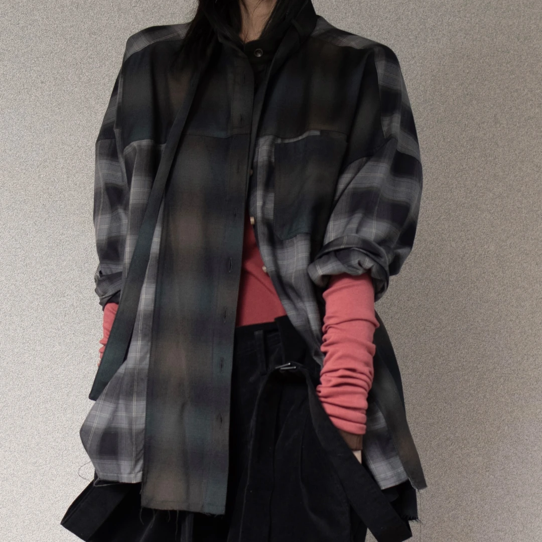 原创设计拼色设计感不对称长袖休闲廓形宽松格子长袖衬衫