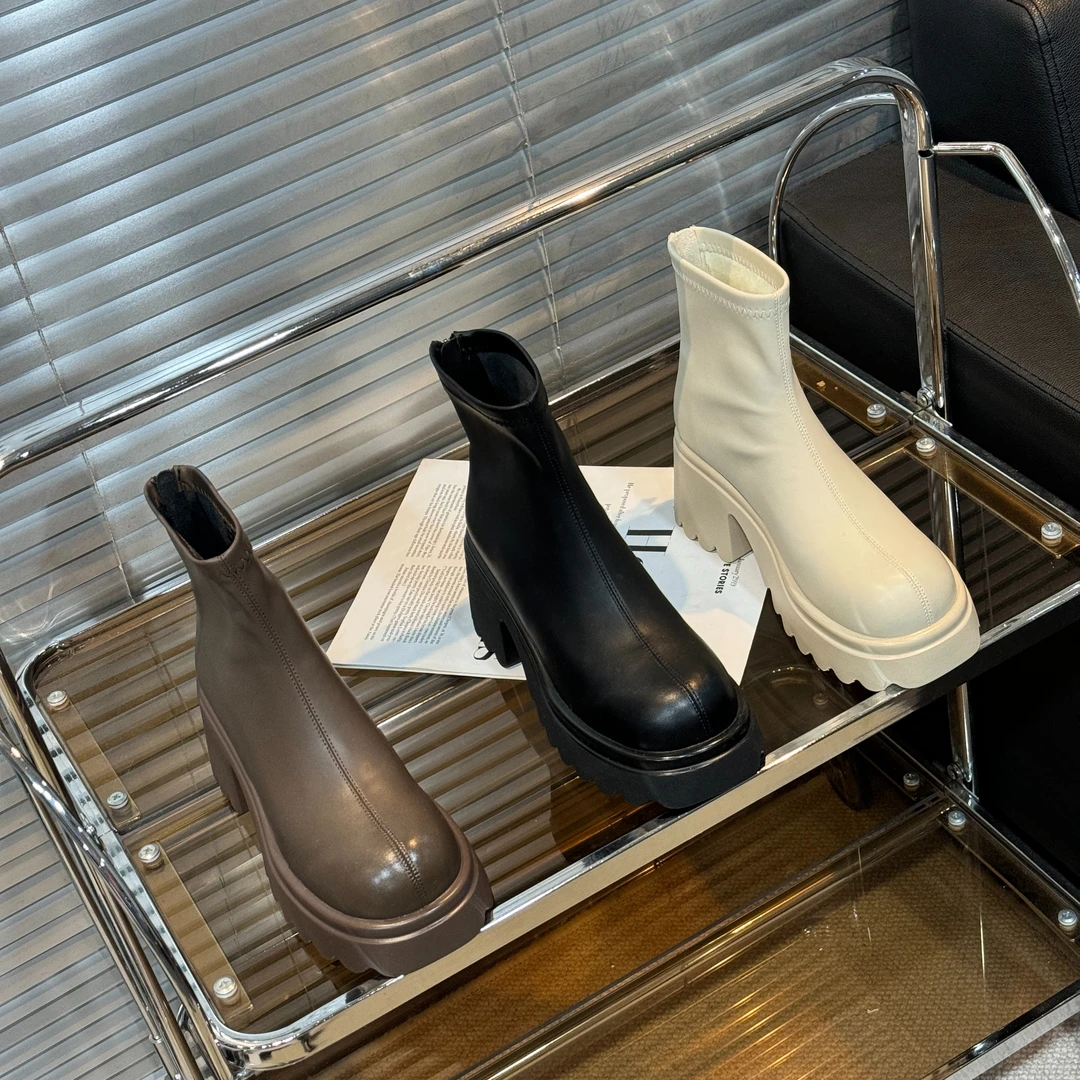 XIEFURN/鞋夫人百搭英伦风瘦瘦靴女2023年春秋季新款圆头厚底短靴