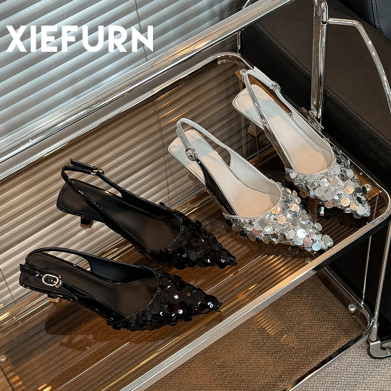 XIEFURN/鞋夫人2024夏季新款亮片尖头气质仙女细跟浅口高跟鞋女