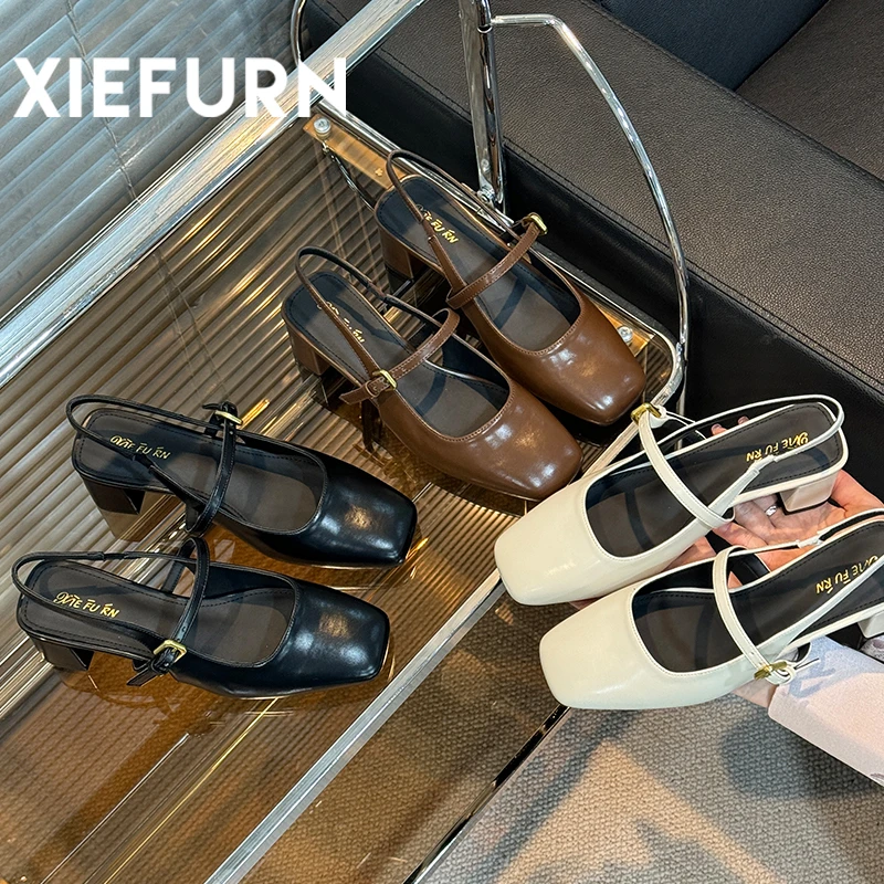 XIEFURN/鞋夫人法式方头包头凉鞋女2024新款百搭一字带后空单鞋