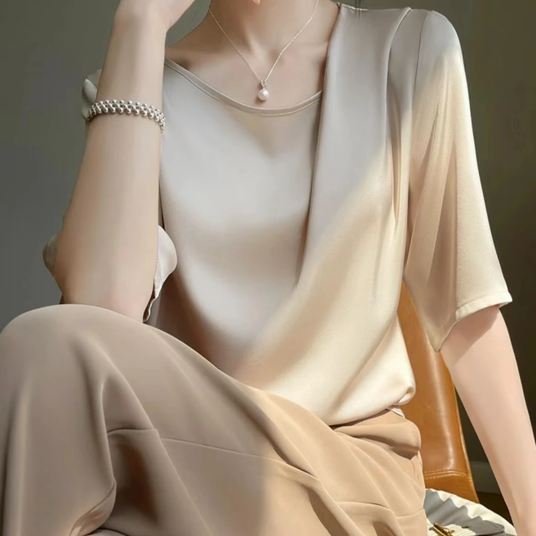 五分袖T恤衫女圆领套头宽松气质百搭半袖体恤衫洋气垂感ZC2305