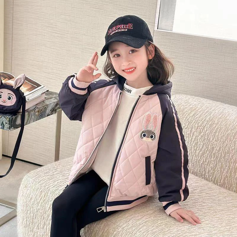 2024新款女童外套秋冬款洋气棉衣儿童夹棉棒球服加厚外套