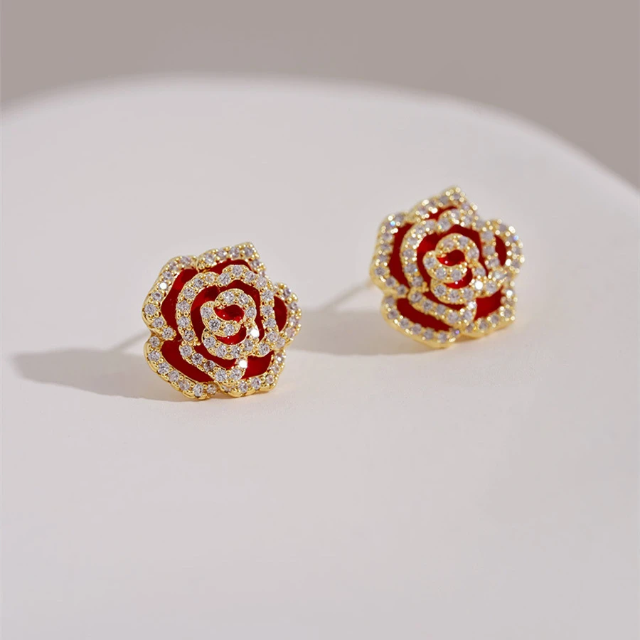 小香中古耳钉红色山茶花耳环气质名媛独特高级感耳饰法式温柔耳饰
