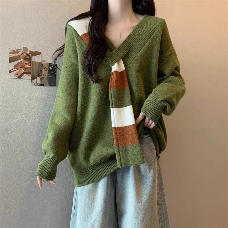 秋冬新款2024别致V领韩系毛衣胖m显瘦独特设计外搭针织衫爆款上衣