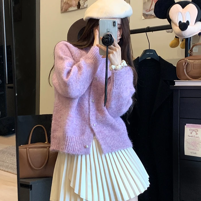 复古温柔风紫色毛衣外套女装秋季长袖针织开衫小个子宽松上衣外搭