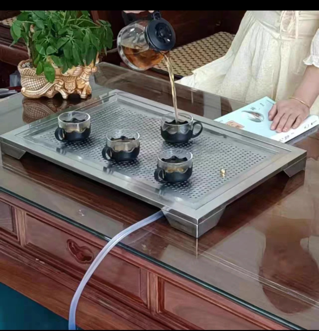 304加厚不锈钢长方形带排水双层简约功夫茶具茶台嵌入式小型茶盘