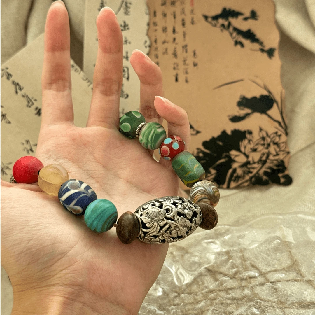 吊坠足银 《非晚》N17070多宝璃璃花纹镂空大桶珠项链民族风复古