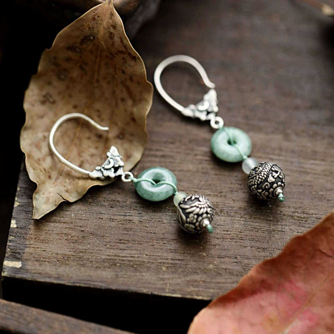 925银耳饰 E23486 龙凤花球翠翠牡丹耳坠耳环