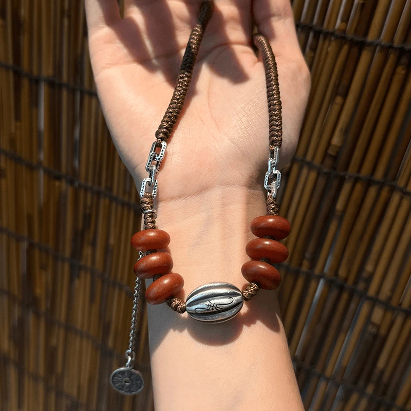 吊坠925银 <非晚>n16868寿纹大瓜山鬼牌珠蜡蜡拍抽绳项链部落风