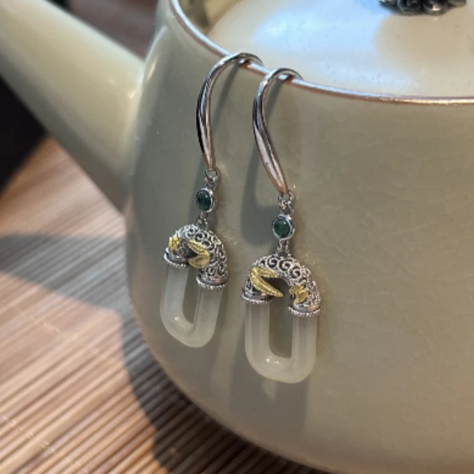 925银耳饰 太朴s925银 分色竹叶U型耳钩E24897