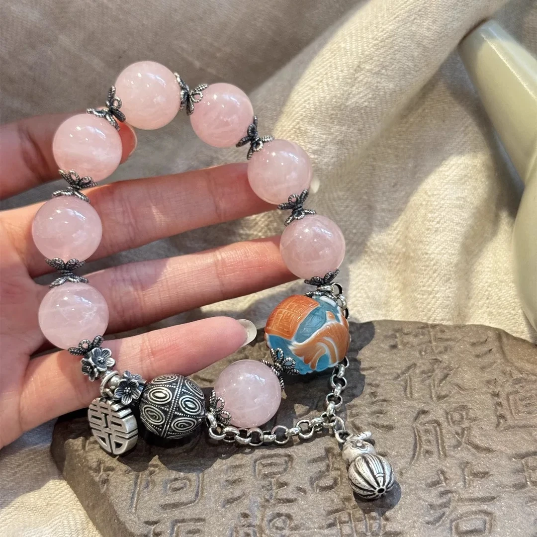 925银手链 《非晚》S09255粉水水双色琉璃珠双喜葫芦吊坠弹力手串