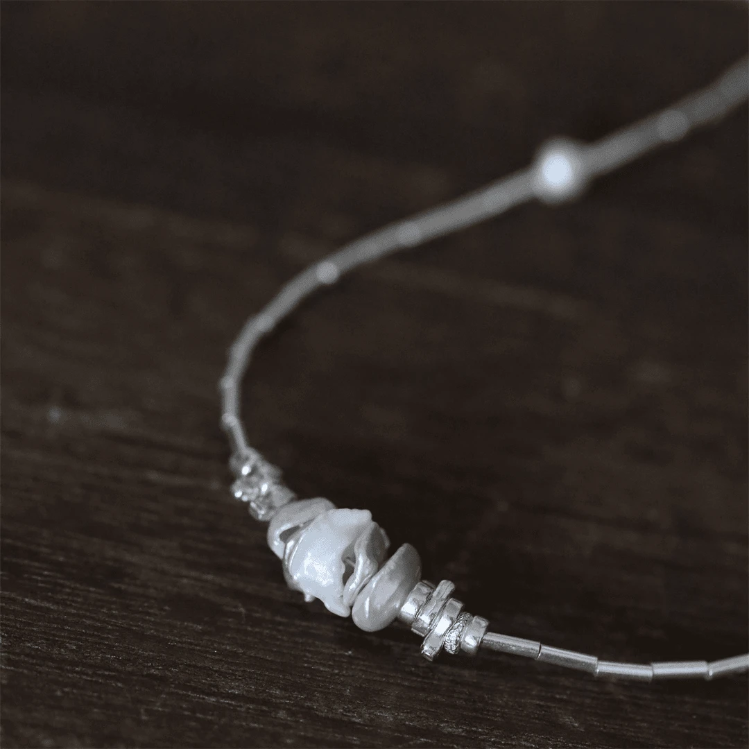 吊坠925银 链子925银 N16043 <满河>直管碎银异形珠珠项链