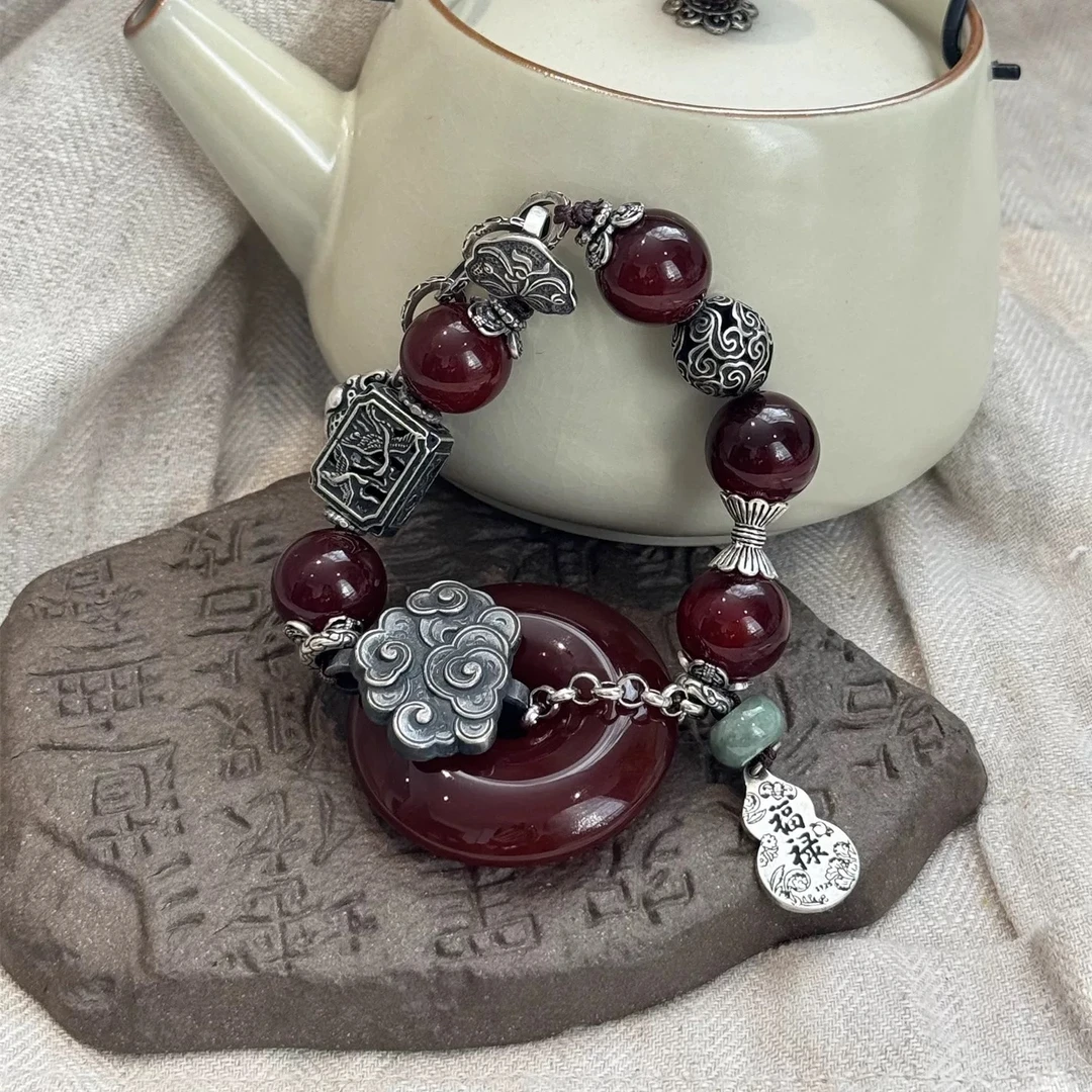 925银手链 S09288《非晚》祥云扣祥云珠仙鹤方形配件花鸟葫芦手链